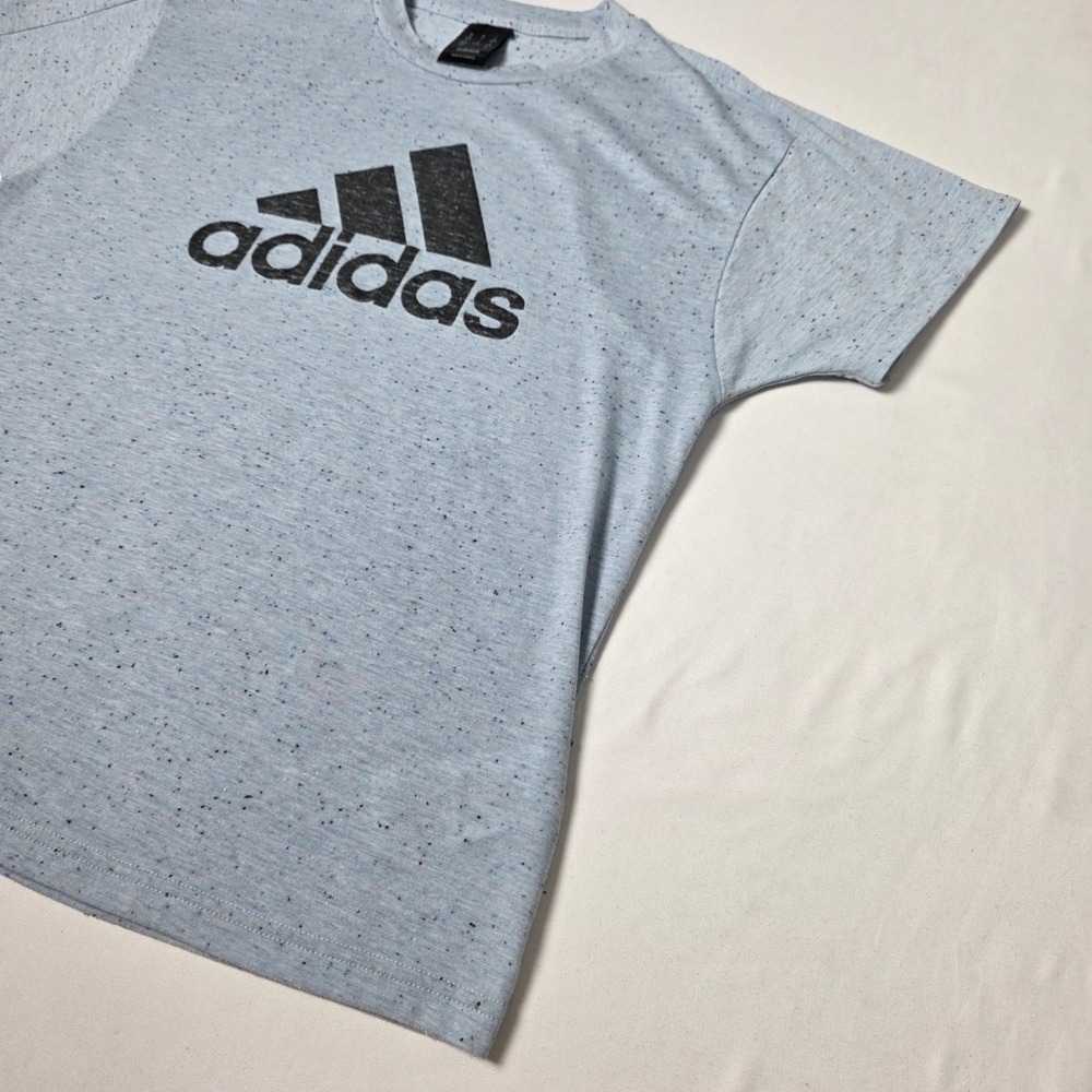 Adidas Graphic T-Shirt Women Small Blue Speckled Neps Distressed Logo Relaxed - Picture 3 of 11